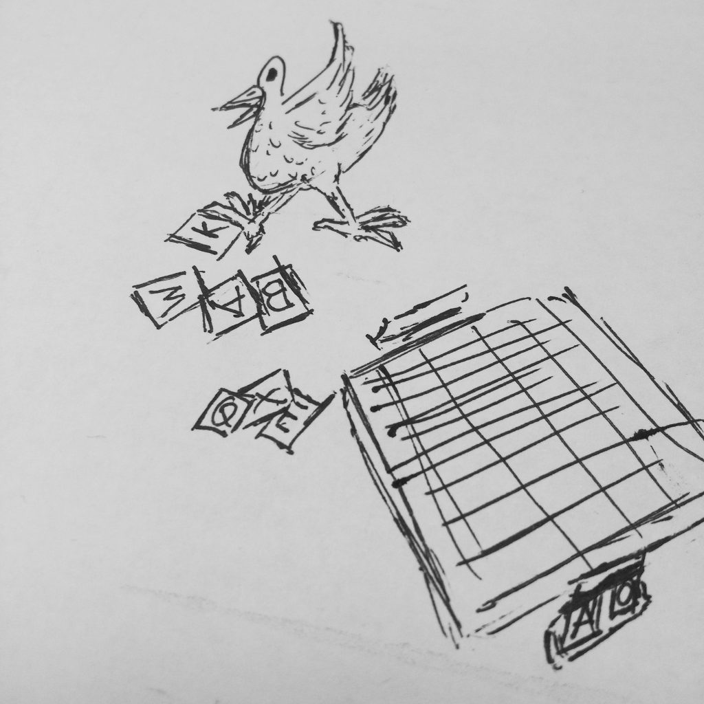 inktober 2018 Day8 – Day4-5 backlog – Poultry Scrabble – chicken and spell